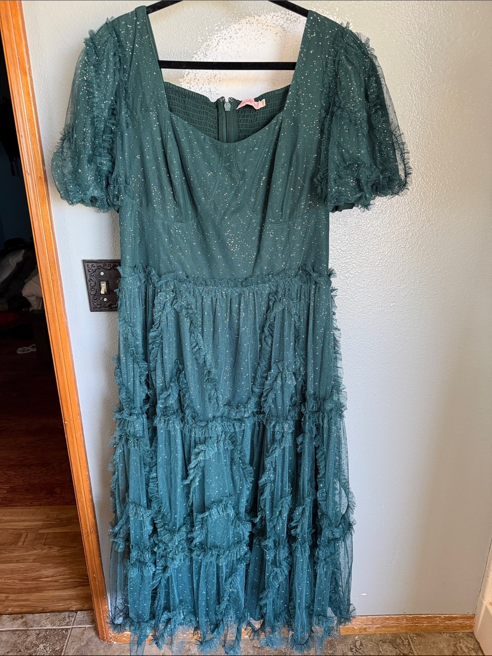 Ivy City Co Teal Green Tulle Midi Dress with Sparkle
